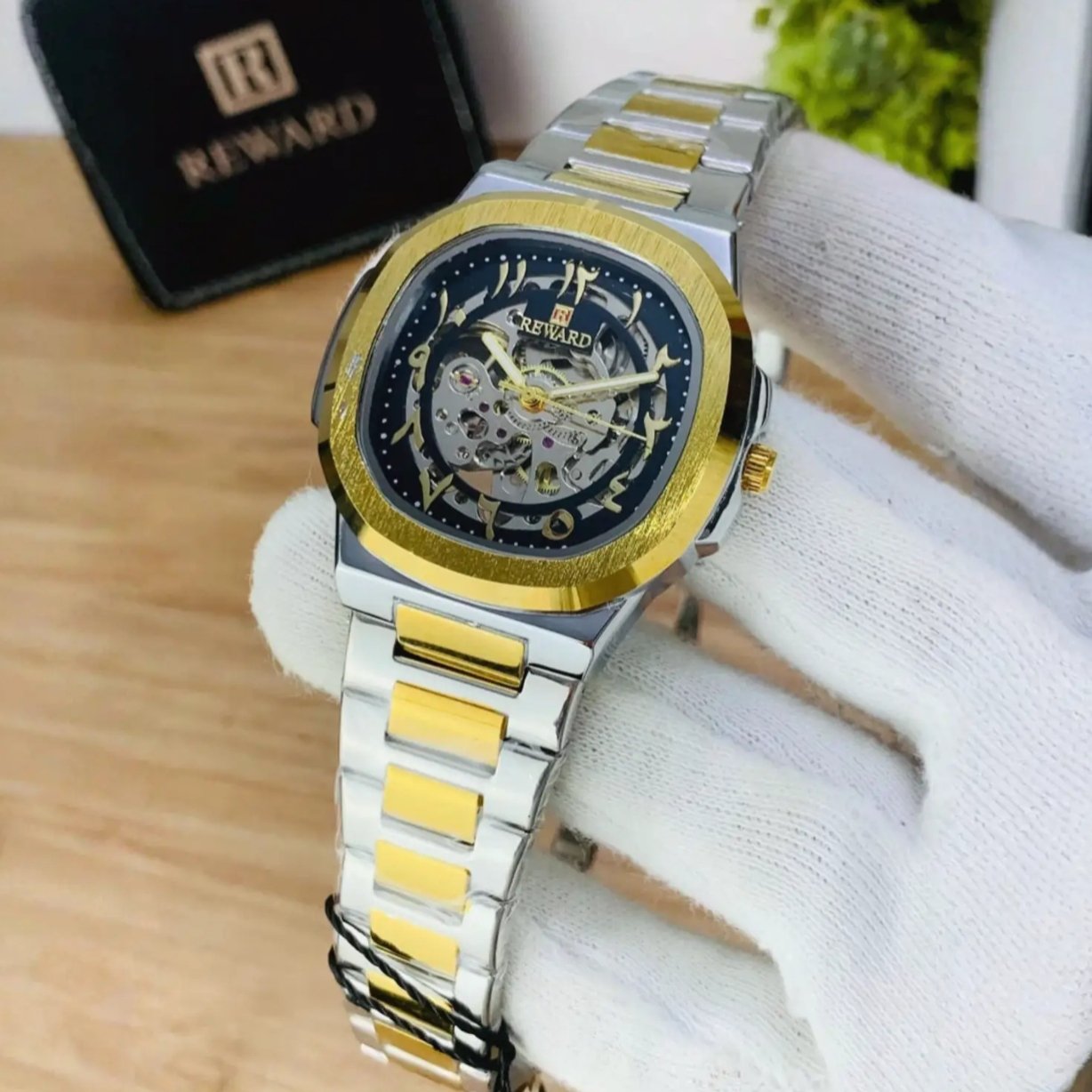 REWARD Two Tone Black Dial Skeleton Watch for Men - Silver Gold Stainless Steel Luxury Watch.